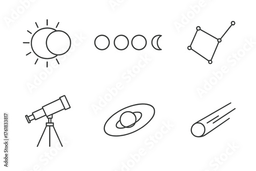 Exploring celestial wonders with symbols of astronomical phenomena and tools for stargazing