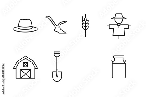 Farm life elements include hat, tools, crops, and barn, highlighting rural activities in agriculture