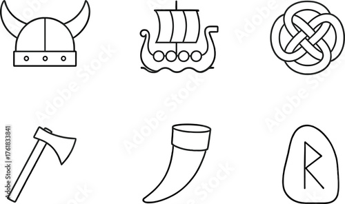 Viking symbols featuring a helmet, longship, knot design, axe, drinking horn, and rune stone displayed on a plain background