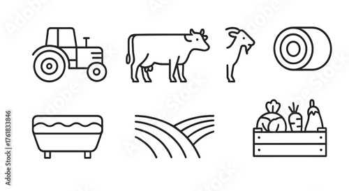 Farm scene featuring tractor, animals, and harvested crops under a sunny sky
