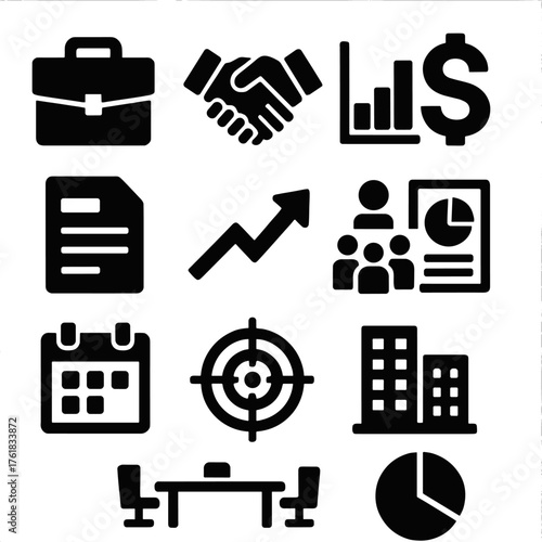 Investor Relations silhouette set: briefcase, handshake, bar chart, dollar symbol, document file, growth arrow, meeting table, report chart, calendar, target icon, office building,