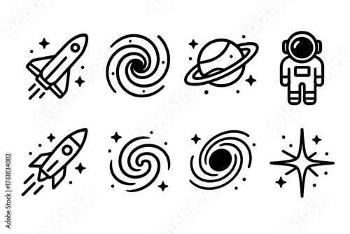 Interstellar Travel outline icon set: starship, cosmic vortex, planet rings, astronaut, rocket trail, galaxy, black hole, starlight. , , High resolution, sharp vector-like