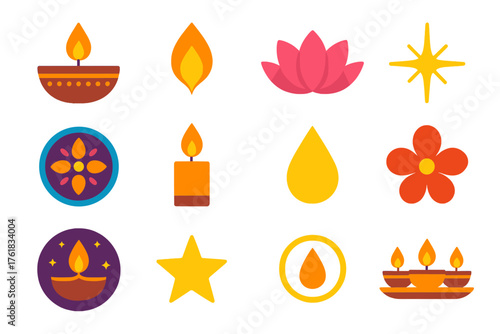 Diwali Diyas flat icons: oil lamp, flame, lotus, sparkle, rangoli, candle, star, droplet, flower petal, glow ring, diya tray, night sky. , , High resolution, sharp vector-like