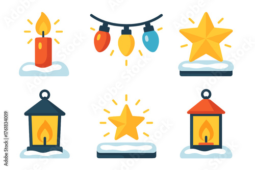 Winter Holidays Light flat icons: candlelight, festive garland, glowing star, lantern flame, snowy sill, golden warmth. , , High resolution, sharp vector-like appearance, ideal for