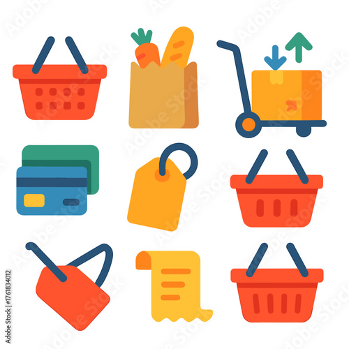 Cart flat icons: food basket, grocery bag, parcel on wheels, cart with arrows, credit card swipe, label tag, receipt roll, shopping basket.