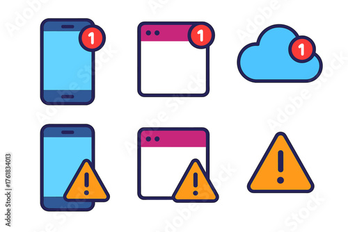 Digital notifications flat icons: smartphone, screen, app window, cloud, notification badge, alert triangle.