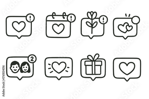 Valentine Notifications set of icons in doodle hand-drawn vector style: love message alert, date night reminder, flower delivery update, romantic quote pop-up, couple countdown