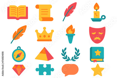 Literary Themes flat icons: open book, scroll, quill, candle, feather, crown, torch flame, mask, compass, pyramid, laurel wreath, storybook, diamond, puzzle piece, speech bubble,