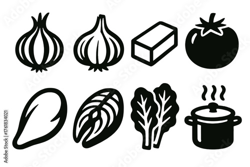 Cooking staples silhouette set: onion, garlic bulb, butter stick, tomato, chicken breast, fish fillet, leafy greens, broth pot.