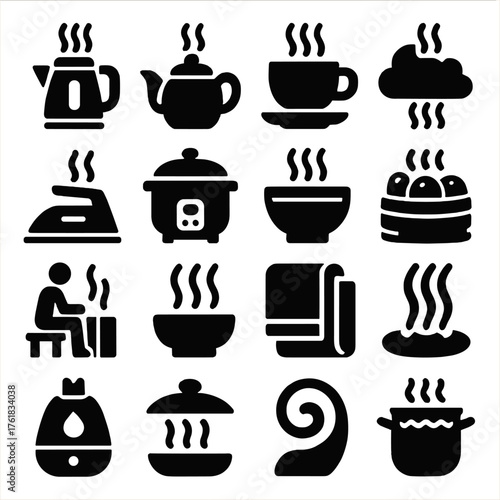 Steaming silhouette set: kettle, teapot, coffee cup, steam cloud, iron, rice cooker, soup bowl, dim sum basket, sauna, hot spring, towel, steam vent, humidifier, pot lid, vapor