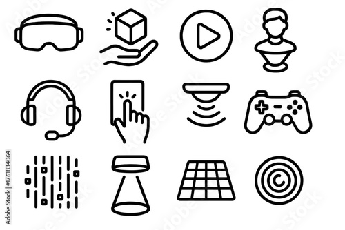 Immersive Media outline icon set: VR goggles, AR cube, play symbol, hologram, headset, touchscreen, motion sensor, game controller, data stream, light beam, 3D grid, camera lens.