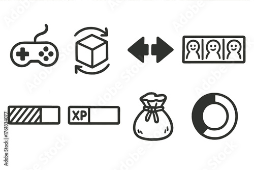 Game Mechanics set of icons in doodle hand-drawn vector style: joystick, physics cube, collision arrows, animation frames, health bar, XP meter, inventory bag, progress wheel.
