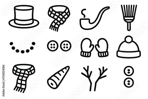 Classic Snowman Accessories outline icon set: black hat, plaid scarf, corncob pipe, wooden broom, pebble smile, button eyes, wool mittens, felt hat, striped scarf, carrot nose,
