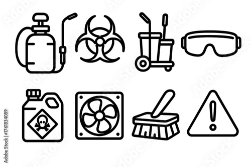 Industrial Disinfecting outline icon set: pressure sprayer, hazard symbol, cleaning cart, safety goggles, chemical container, ventilation fan, scrub brush, warning sign.