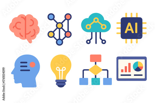 Cognitive Computing flat icons: brain icon, neural network, data cloud, AI chip, analytics dashboard, algorithm flow, digital head, light bulb. , , High resolution, sharp