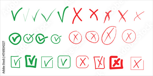 Check marks doodle set Vote, yes, no,