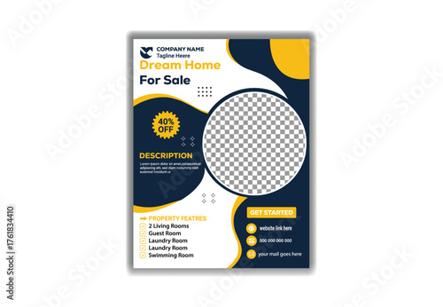 Real Estate Agency Navy Blue Yellow Flyer Template Modern Home Sale and Rent Promotion Poster Vector Design