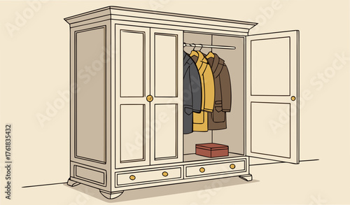 Elegant wooden wardrobe with open doors displaying neatly arranged black, brown, yellow, and blue leather jackets. Warm indoor lighting gives a cozy winter fashion vibe, highlighting the texture of le