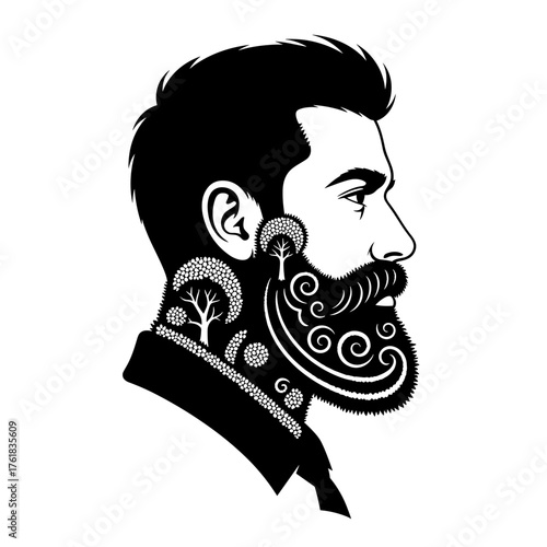 Man with topiary beard featuring trees and patterns in profile view  