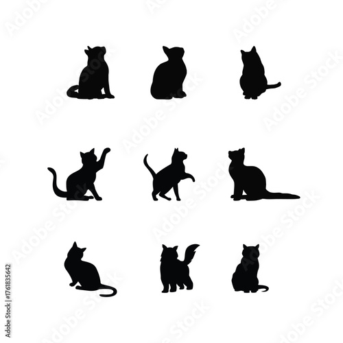 Nine cat silhouettes in various poses against a creating a simple yet elegant design perfect for pet lovers and minimalist art enthusiasts looking for feline themed decor