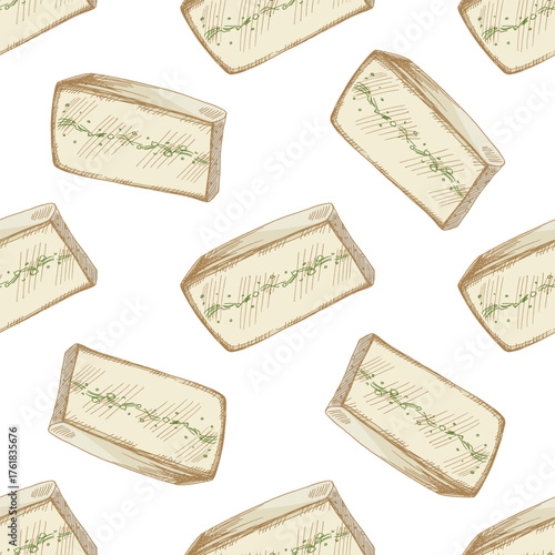 Hand drawn vintage seamless pattern of herb infused cheese wedge in creamy yellow color, detailed dairy food vector illustration