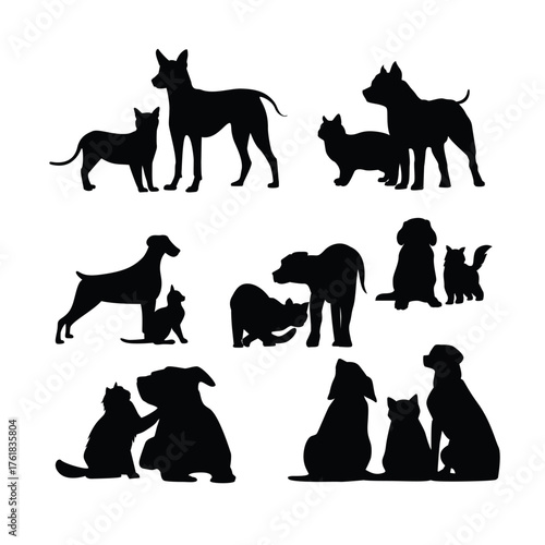 Silhouette illustrations of dogs and cats in various poses and breeds against a solid creating a simple yet striking design for animal lovers and pet owners