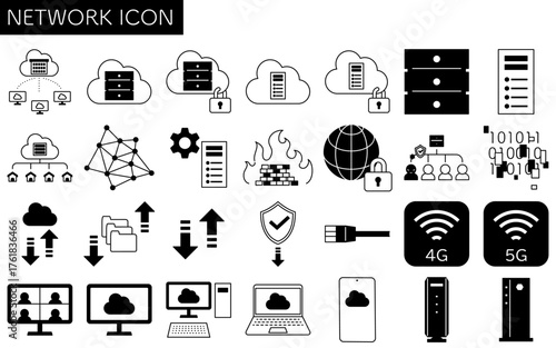 Network-related line icons set of 28 items including cloud computing, data server, router, remote meeting, upload download, security, devices, and internet connection, black and white