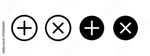 Plus and cross circular icon set for interface design, multiplication icons, plus icons, Vector illustration.