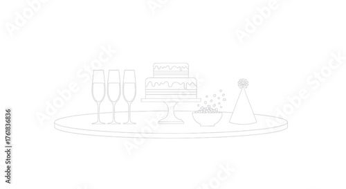 Festive celebration table with tiered cake champagne flutes and party hat.
