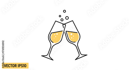Two Champagne Glasses Toasting with Bubbles Line Art Illustration.