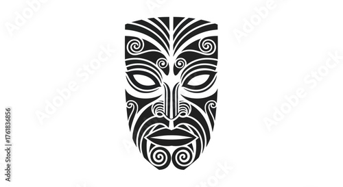 Black and White Maori Mask with Intricate Swirl Designs.
