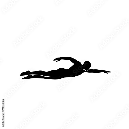 Silhouette of swimmer performing butterfly stroke in dynamic motion, professional athlete in water showing strength and precision, black figure on transparent background, flat style