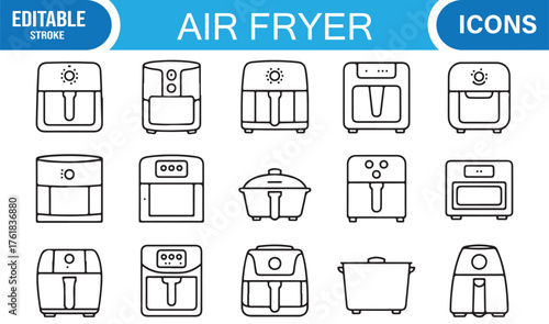 Editable Line Icons Set of Air Fryers, Kitchen Appliances, and Cooking Devices