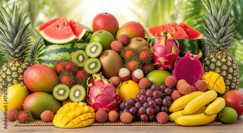 An abundant display of various fresh fruits, including watermelon, pineapple, mango, kiwi, dragon fruit, grapes, and bananas, against a blurred green background.