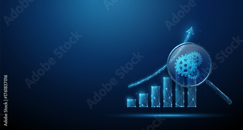 Growing bar chart with upward arrow under magnifying glass with gears inside. Process optimization, business efficiency, economic growth concept.