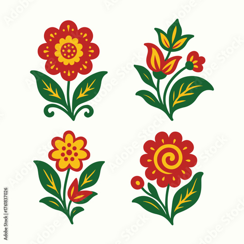 Four stylized floral motifs in red yellow and green are arranged in a two by two grid on an off white background. Each flat graphic design features simple petals dark green leaves and a bold folk art 