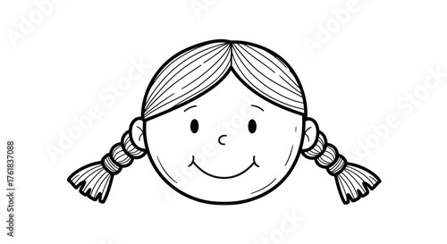 A simple black and white cartoon drawing of a smiling girl with braided pigtails.