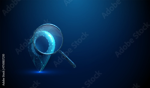 3d blue pin location icon with magnifying glass. Navigation, geolocation, search, map exploration, route finding, travel planning, direction concept.