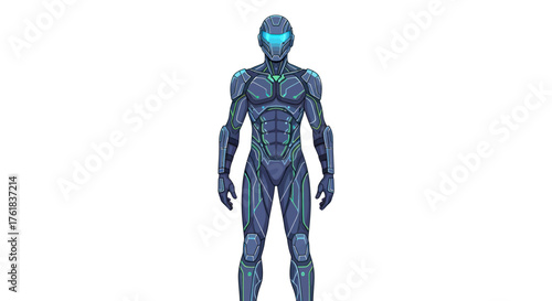 Futuristic Dark Blue Armored Humanoid Figure with Glowing Visor.