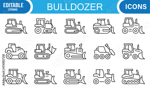 Vector Outline Icons of Bulldozers and Heavy Machinery for Engineering and Industry