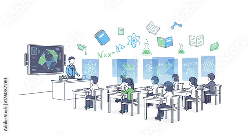 Lively Classroom Scene with Teacher and Students Engaged in Learning.