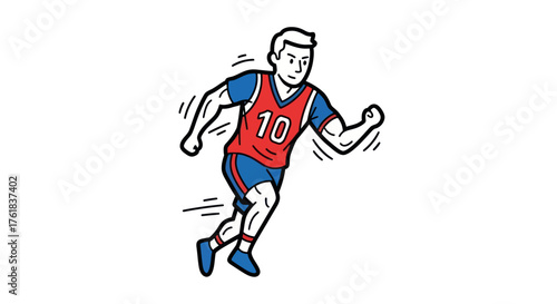 Hand-drawn cartoon illustration of a male athlete running in a red and blue sports uniform with the number 10.
