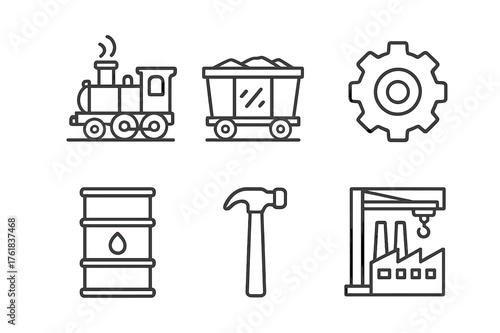 Vintage train and industrial elements represent transportation and manufacturing in a simple, clear design