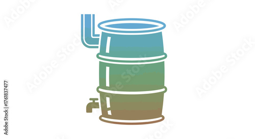 Stylized illustration of a green and blue rain barrel with a spigot and pipe.