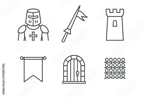 Medieval knight with spear, castle tower, and symbols of a historic battle scene