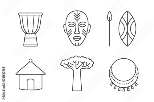 Cultural symbols of African heritage featuring drums, masks, and traditional artifacts