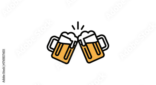 Vector icon of two clinking beer mugs with frothy foam celebrating with a toast.