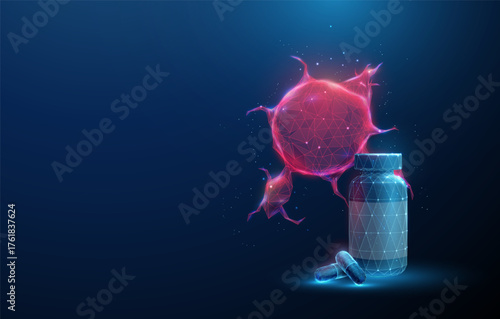 Red tumor with medicine bottle and capsules. Cancer treatment, chemotherapy, targeted therapy, hormonal therapy, oral medication, immunotherapy, oncology research concept.