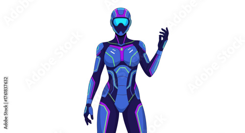 Futuristic Female Robot Android in Glowing Blue Purple Armor.