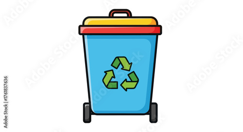 Blue recycling bin with yellow lid and red trim featuring green recycling symbol.